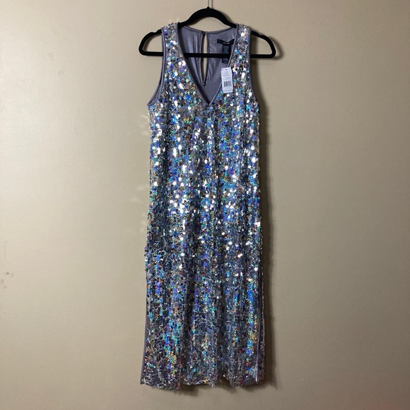 NWT Smythe Deep V Midi Dress in Silver Pailette - Picture 3 of 12